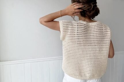 Cream crochet top with grid-like rattan texture